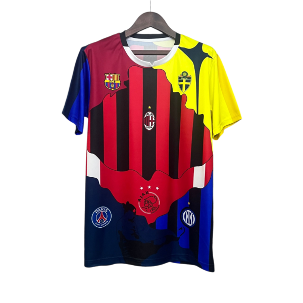 Colorful soccer jersey on a hanger with red and black vertical stripes, blue left sleeve, yellow right section, featuring Barca and Milan logos.