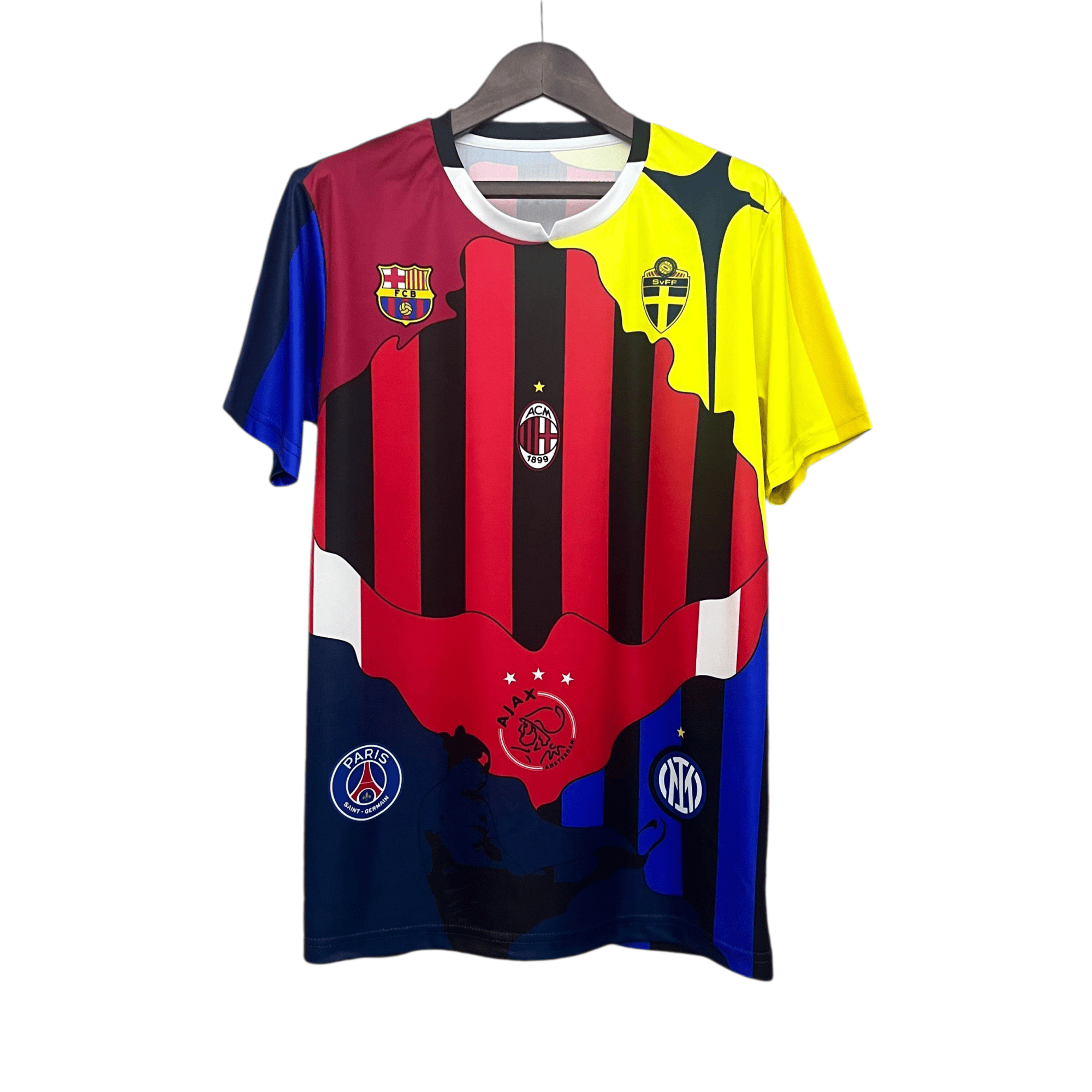 rn-image_picker_lib_temp_b146492a-83c8-43c2-b0f4-5138cca5bf25 | UAE SPORT STORE Colorful soccer jersey on a hanger with red and black vertical stripes, blue left sleeve, yellow right section, featuring Barca and Milan logos.