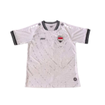 White jersey with black trim, Iraq national team crest, and small sponsor logos visible on the chest area.