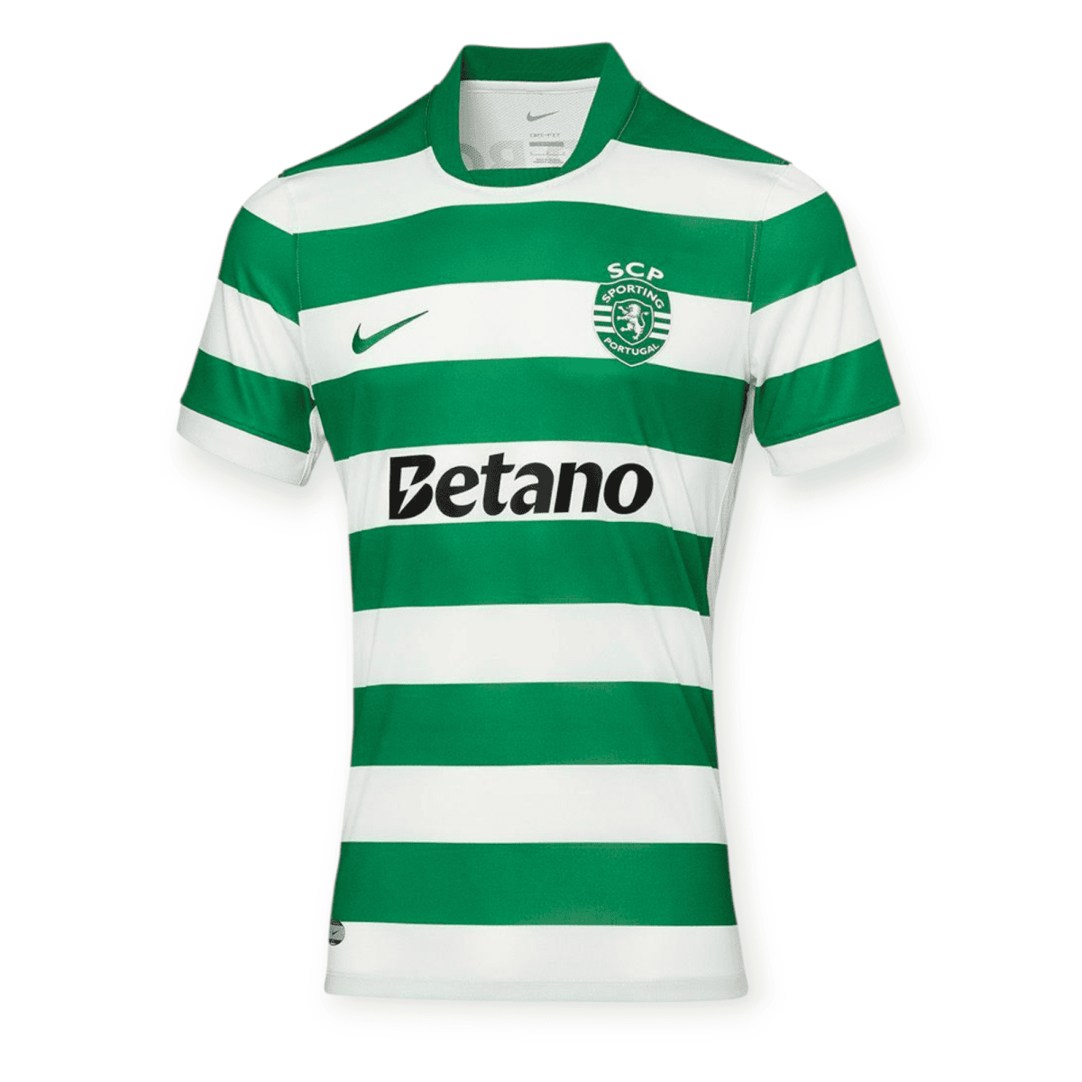 Green and white striped soccer jersey with crest reading 'SCP Sporting Portugal' and sponsor 'Betano' visible on chest.