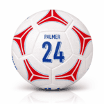 White soccer ball with red and blue geometric patterns, featuring the name Palmer and number 24.