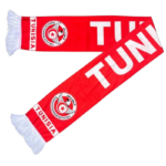 Red football scarf featuring the Tunisian Football Federation crest and the white text 'TUNISIA' on a red background, with white fringe at both ends.