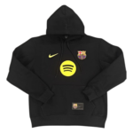 Black hoodie with FC Barcelona crest, yellow Nike swoosh, and a large Spotify emoji on the front.