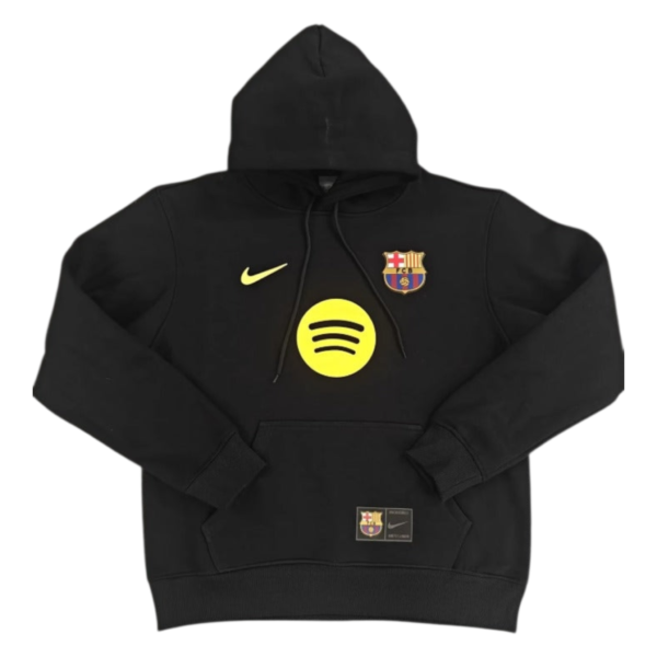 Black hoodie with FC Barcelona crest, yellow Nike swoosh, and a large Spotify emoji on the front.
