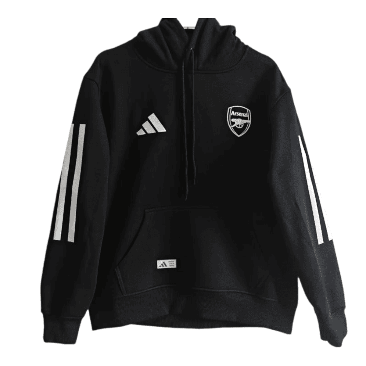 Black Arsenal hoodie with Adidas logo and white stripe details on sleeves, front pocket visible.