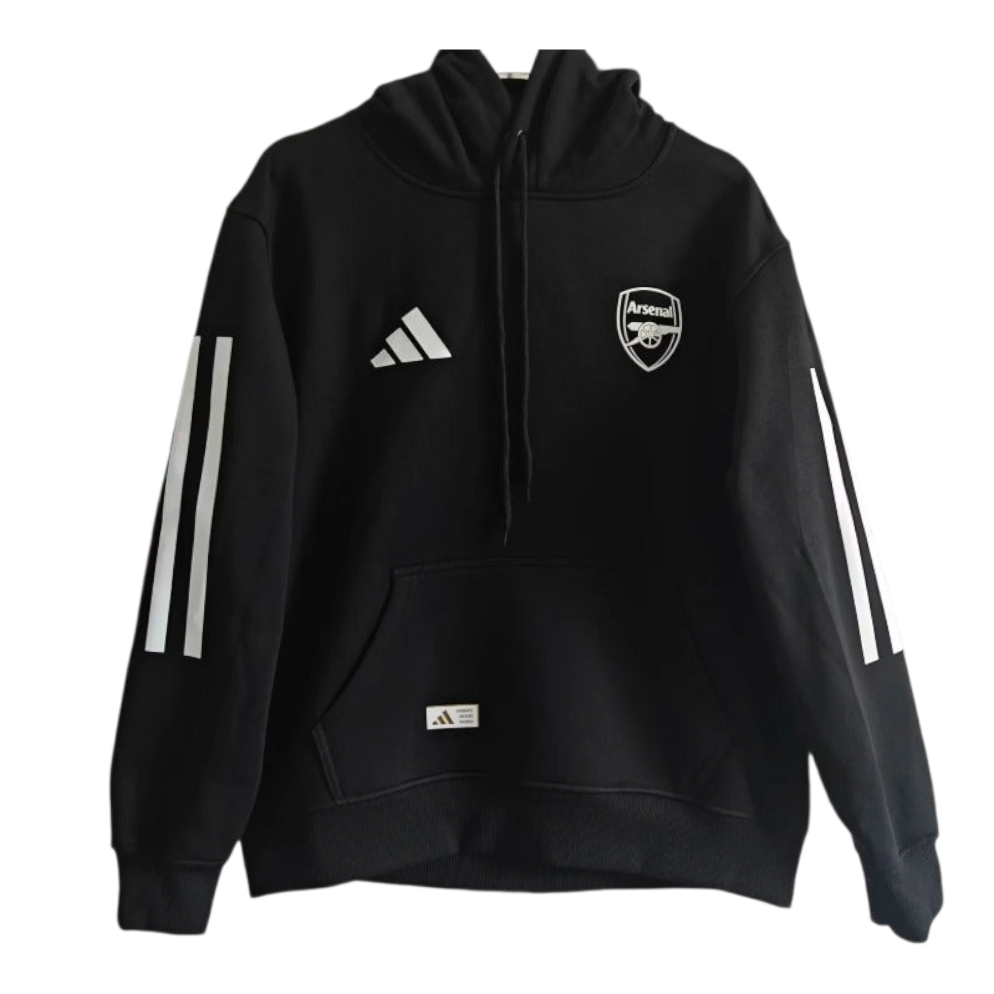rn-image_picker_lib_temp_c2f3427a-b0b8-4da5-94b1-7eb7dc0fae44 Black Arsenal hoodie with Adidas logo and white stripe details on sleeves, front pocket visible.