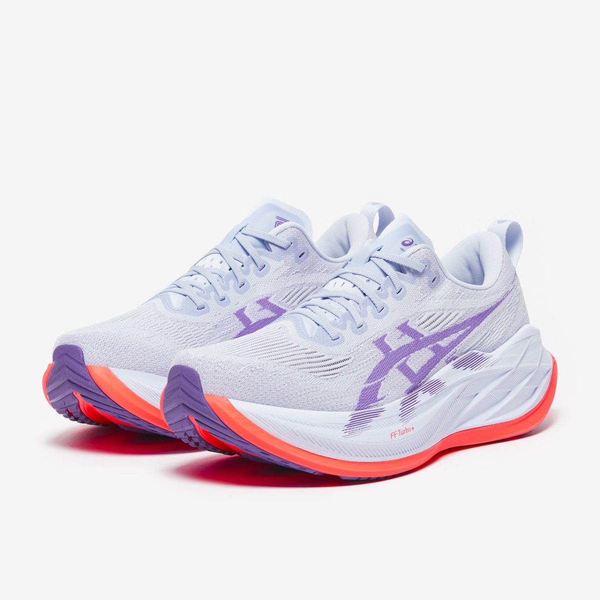 Pair of lavender running shoes with coral outsoles on a white background, product shot