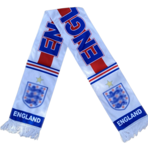 White England football scarf with blue ENGLAND lettering, red stripes, crest, and fringed ends.