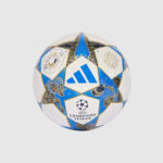 UEFA Champions League soccer ball featuring blue and white panels with the Adidas logo and trophy emblems