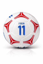 White soccer ball with red and blue decorative patterns and the blue text 'FODEN' with the number 11 beneath it.