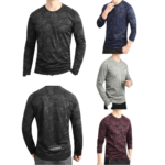 Collage of camouflage-pattern athletic long-sleeve shirts in black, navy, gray, and burgundy on models