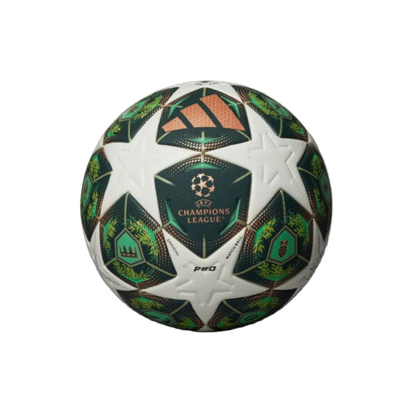 Official UEFA Champions League pro match ball with green, white, and star pattern and CHAMPIONS LEAGUE logo