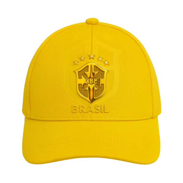 Bright yellow cap featuring a raised Brazil crest and five stars, with the word BRASIL beneath it.