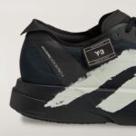 Close-up of a black sneaker showing a textured upper, stitched details, and a Velcro strap with a label reading Y-3 Adidas Pro 4.