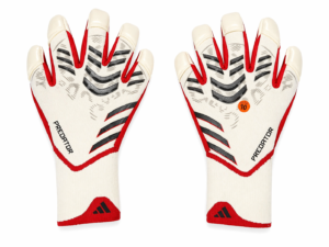 Pair of white goalkeeper gloves with red and black accents, labeled Predator, displayed side by side.