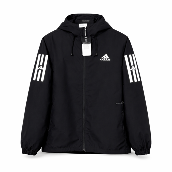 Black Adidas windbreaker with hood and front zipper, white Adidas logo on the left chest and bold white stripes on each sleeve.