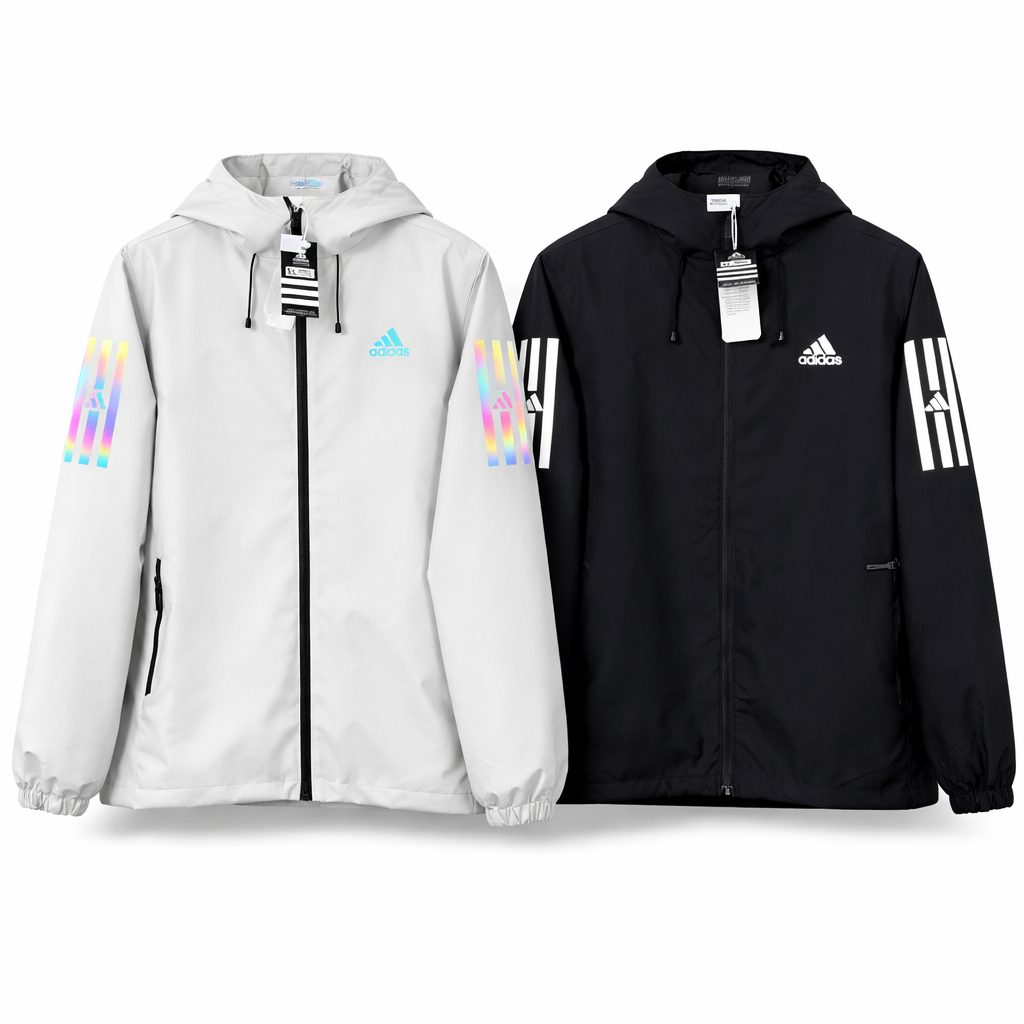 rn-image_picker_lib_temp_e17c51ea-63f8-4cd5-ae7d-8ea6b556ab53 | UAE SPORT STORE Pair of Adidas windbreaker jackets in white and black, each with a hood, zip front, and rainbow striped sleeves with logos.