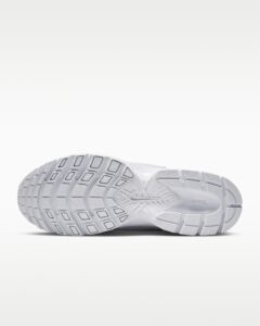 rn-image_picker_lib_temp_e306f9b1-57e2-4132-9e36-50095b33752f | UAE SPORT STORE Bottom view of a white Nike running shoe sole showing a multi-angled tread pattern on the outsole.