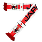 Red and white striped fan scarf with the JAF crest and large black letters, fringed ends.