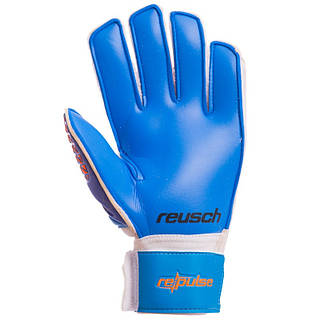 Blue goalkeeper glove with a white wrist strap, featuring the Reusch logo for hand protection and grip.