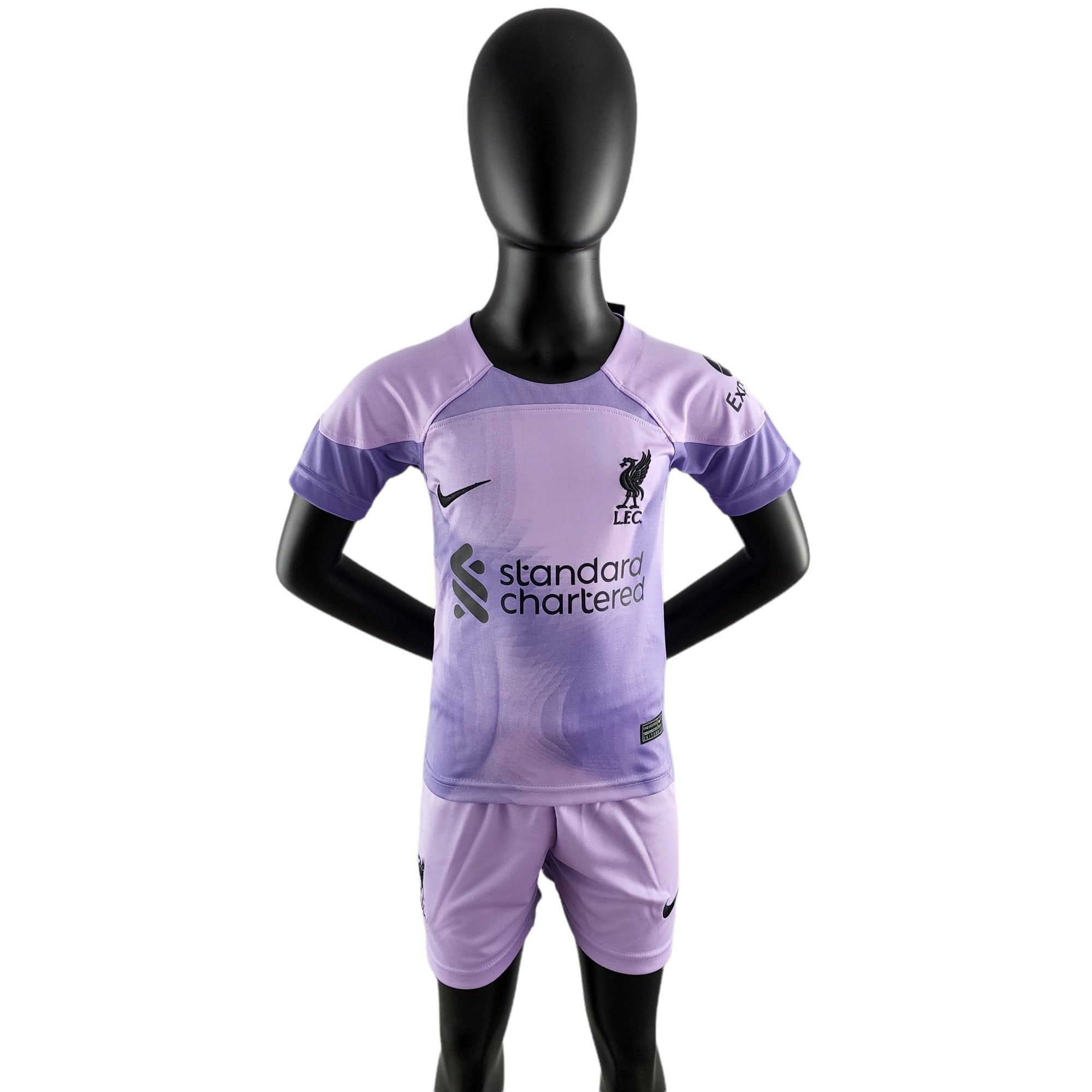 rn-image_picker_lib_temp_f05bed49-3e39-438a-b176-9f020853f6c4 | UAE SPORT STORE Black mannequin wearing a lavender Liverpool FC jersey with the Standard Chartered sponsor logo visible on the front.