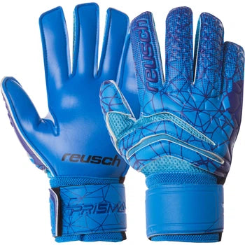Pair of blue Reusch Prisma goalkeeper gloves with a geometric pattern, shown from the backhand and wrist straps.