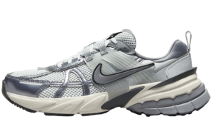 Grey Nike running shoe with a thick, split midsole and black Swoosh on the side