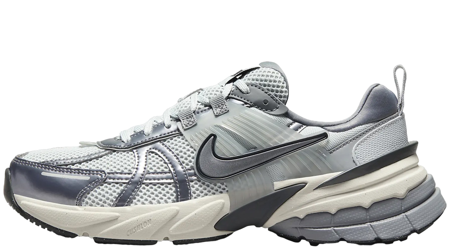 Grey Nike running shoe with a thick, split midsole and black Swoosh on the side