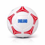 White soccer ball with red, bluePatterns and the word ENGLAND in bold blue letters in the center.