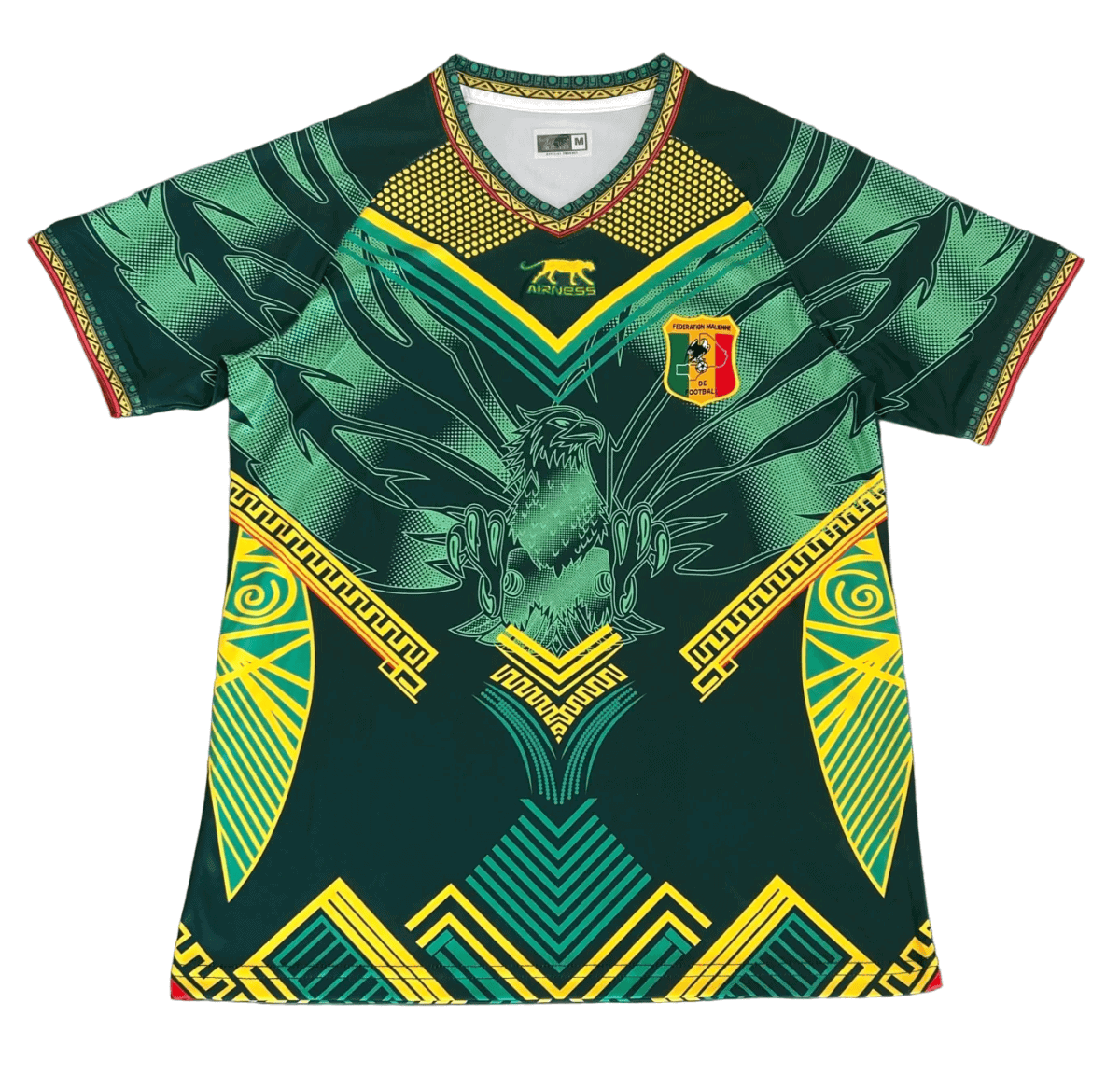 Bright green and yellow sports jersey with geometric patterns and an eagle design on the chest.