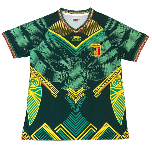 Bright green and yellow sports jersey with geometric patterns and an eagle design on the chest.