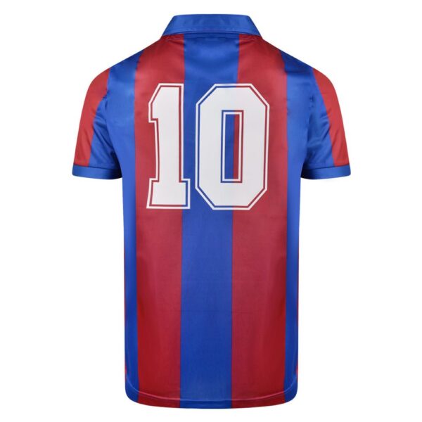 Back view of a red-and-blue striped soccer jersey with a white number 10 on the back.