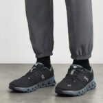 rn-image_picker_lib_temp_fcc40218-54c0-4038-bf77-49dde9498118 | UAE SPORT STORE Pair of black running shoes with gray soles and blue accents on a person’s feet, wearing gray joggers with elastic cuffs.