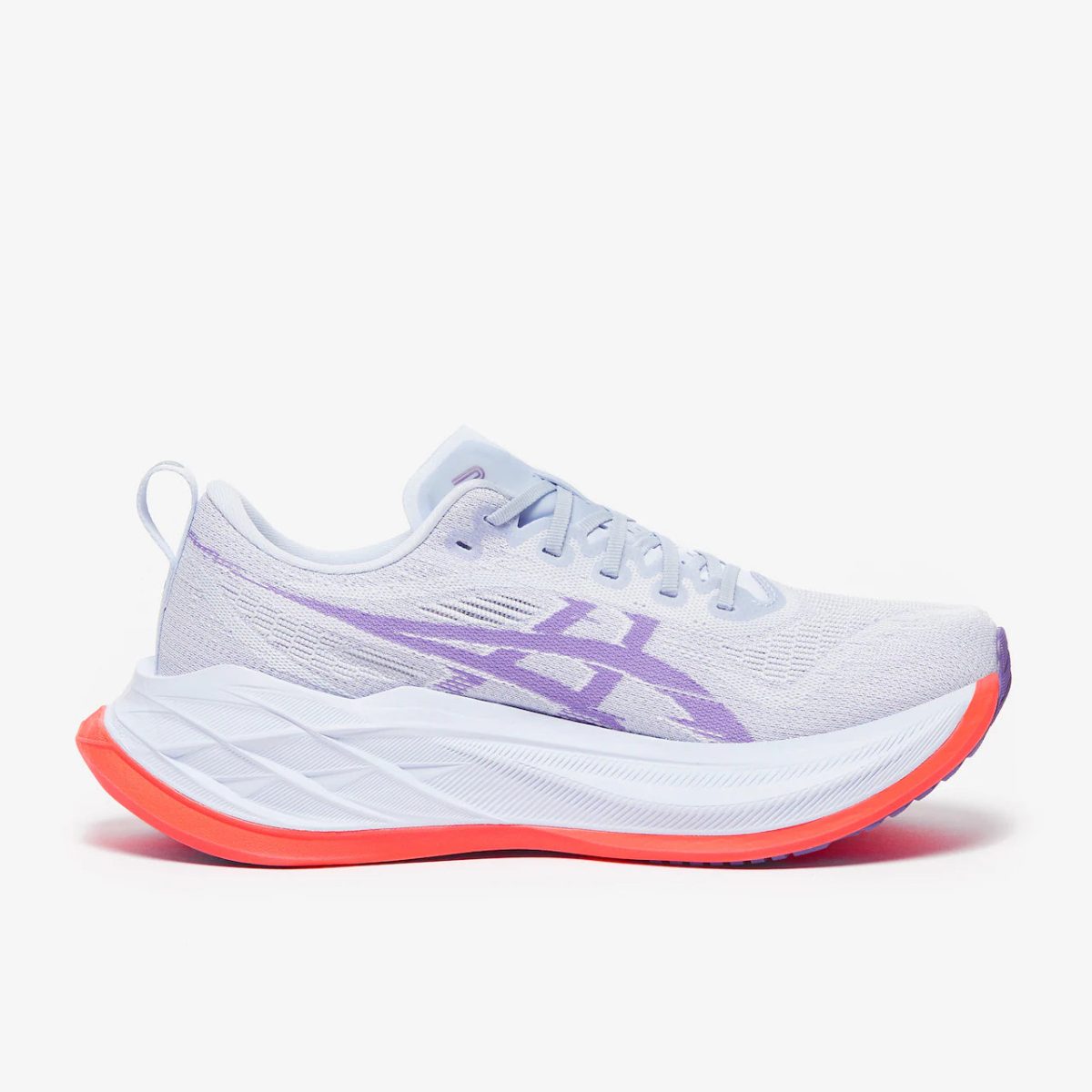 Lavender running shoe with knit upper, white midsole, and bright coral outsole on a white background.