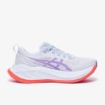 Lavender running shoe with knit upper, white midsole, and bright coral outsole on a white background.