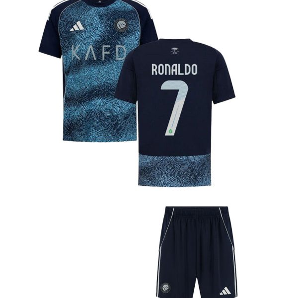 Navy soccer jersey with a blue geometric pattern, Adidas logo and crest on the front; back shows 'RONALDO' and number 7, with matching navy shorts.