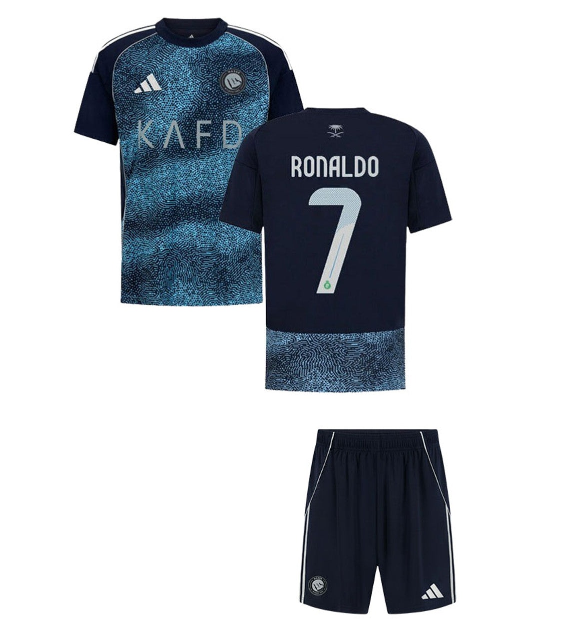 ron3__60552 | UAE SPORT STORE Navy soccer jersey with a blue geometric pattern, Adidas logo and crest on the front; back shows 'RONALDO' and number 7, with matching navy shorts.