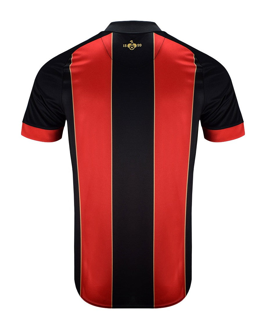 rsVaciq88IhaNtg | UAE SPORT STORE Back view of a red and black striped sports jersey with thin gold vertical trim lines on the stripes.