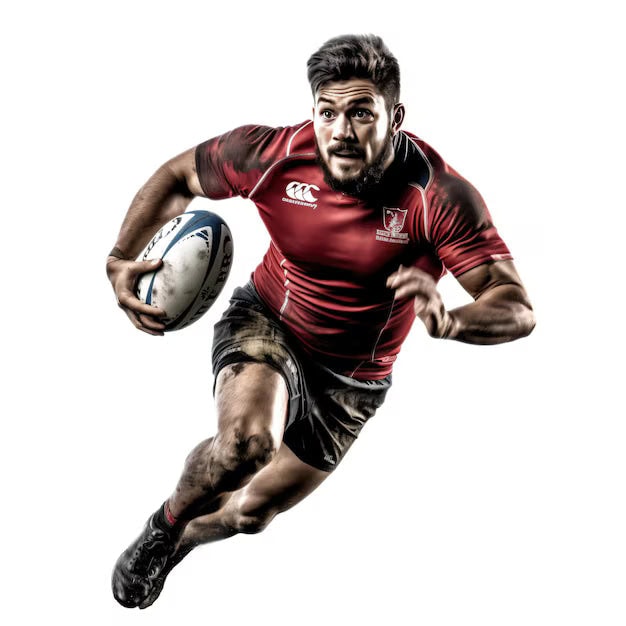 Rugby player in a red jersey running with the ball, mid‑tumble pose against a white background.