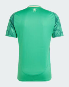 Back view of a bright green athletic jersey with short sleeves, white striped collar, and a small palm tree logo on the upper back; geometric patterns on the sleeves.