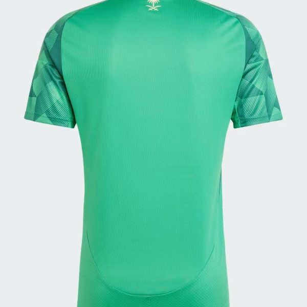 Back view of a bright green athletic jersey with short sleeves, white striped collar, and a small palm tree logo on the upper back; geometric patterns on the sleeves.