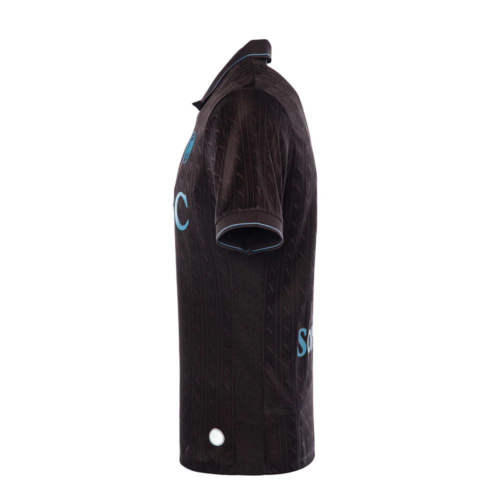 rw | UAE SPORT STORE Black athletic jersey with light blue piping and short sleeves, shown from the side