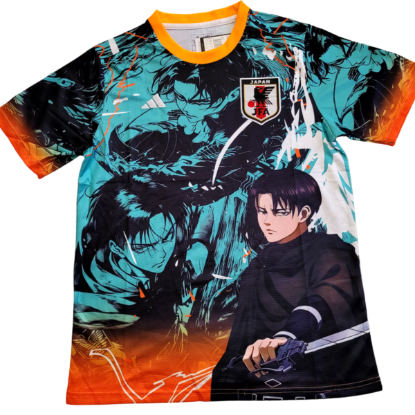 Anime-themed soccer jersey with teal and orange gradient; features two characters and a Japan JFA crest.