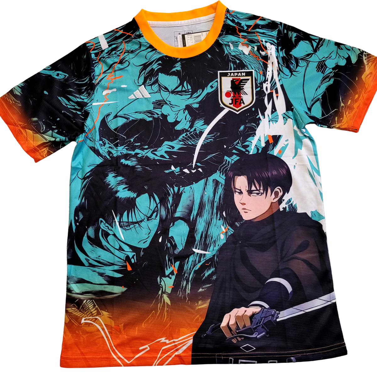 s-l1200 | UAE SPORT STORE Anime-themed soccer jersey with teal and orange gradient; features two characters and a Japan JFA crest.