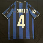 Inter Milan home jersey back view with blue and black vertical stripes, name 'J. Zanetti' and number 4, features UEFA Champions League patch on the right sleeve.