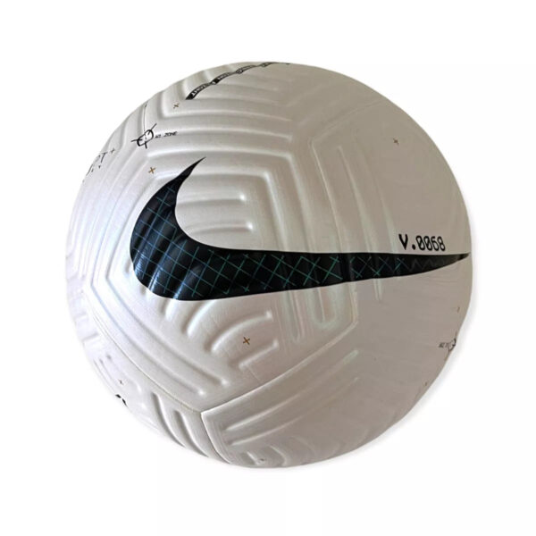 White soccer ball with a black grid-pattern Nike swoosh across its center.