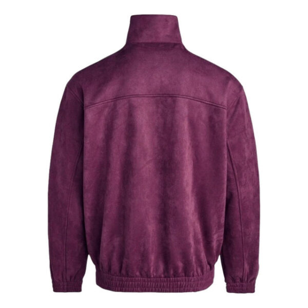 Back view of a purple velour bomber jacket with ribbed waistband and cuffs, high stand collar.