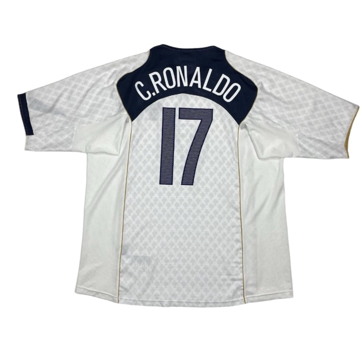 Back view of a white jersey with dark shoulder panels reading 'C. RONALDO' and the number 17 in dark, athletic style.
