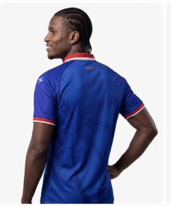 Back view of a man in a blue sports polo with red and white trim on the collar and cuffs, subtle pattern on the fabric