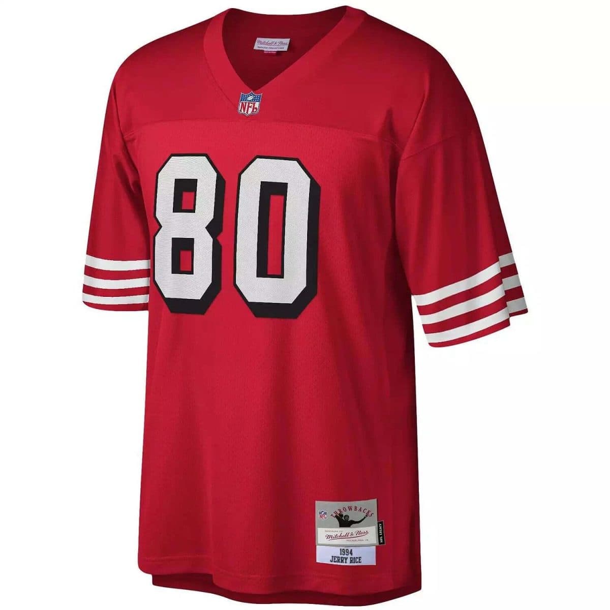 Red NFL jersey with large white number 80 on front, white stripe details on sleeves, Mitchell & Ness label visible (Jerry Rice 1994 Throwback).